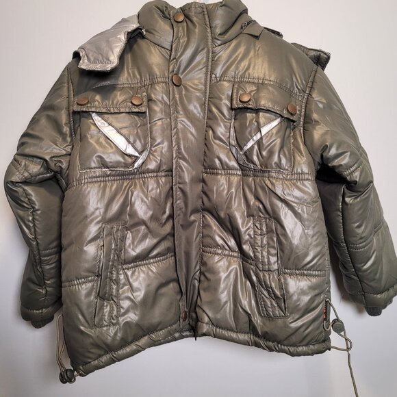 Kids' 4T "Skiing Angels" Puffer Coat - Olive Grey/Silver Lining - Picture 2 of 6